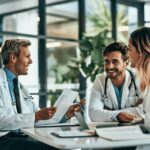 Group of doctors discussing paperwork in a modern office.