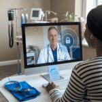 Telemedicine doctor consulting with patient via video call on a secure platform.